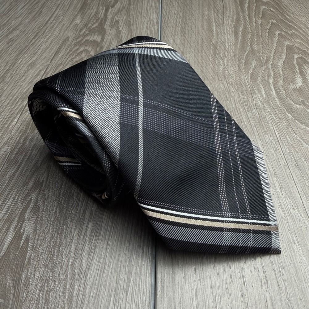 Michael Kors Mens Tie Silk Plaid Onyx Black One Size New
